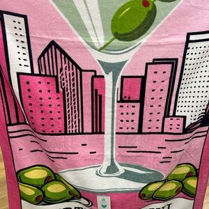 Pink Towel with Martini and Cityscape Design